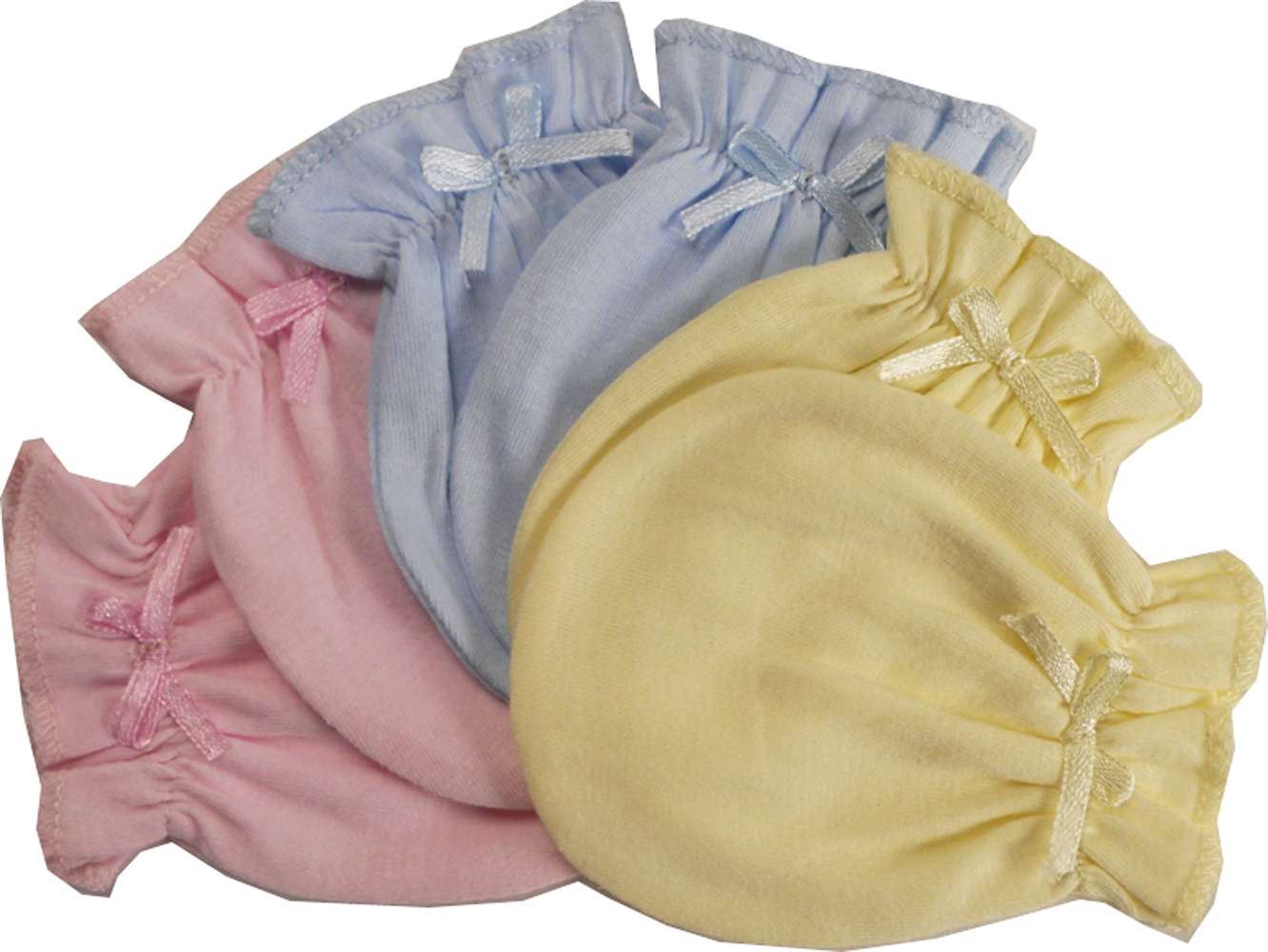 A pair of soft blue infant mittens made from 100% cotton jersey, designed for warmth and comfort.