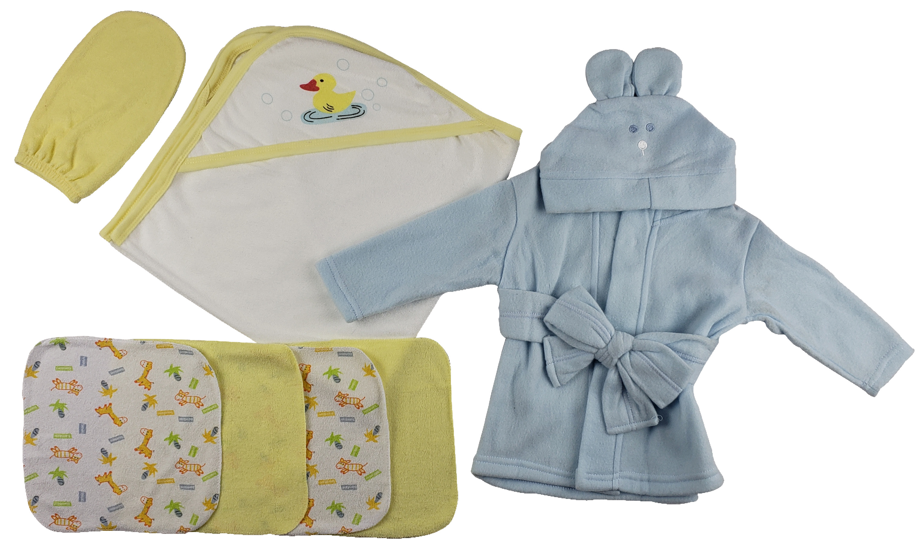 A cozy blue infant robe with a yellow hooded towel and matching washcloths, perfect for newborns.