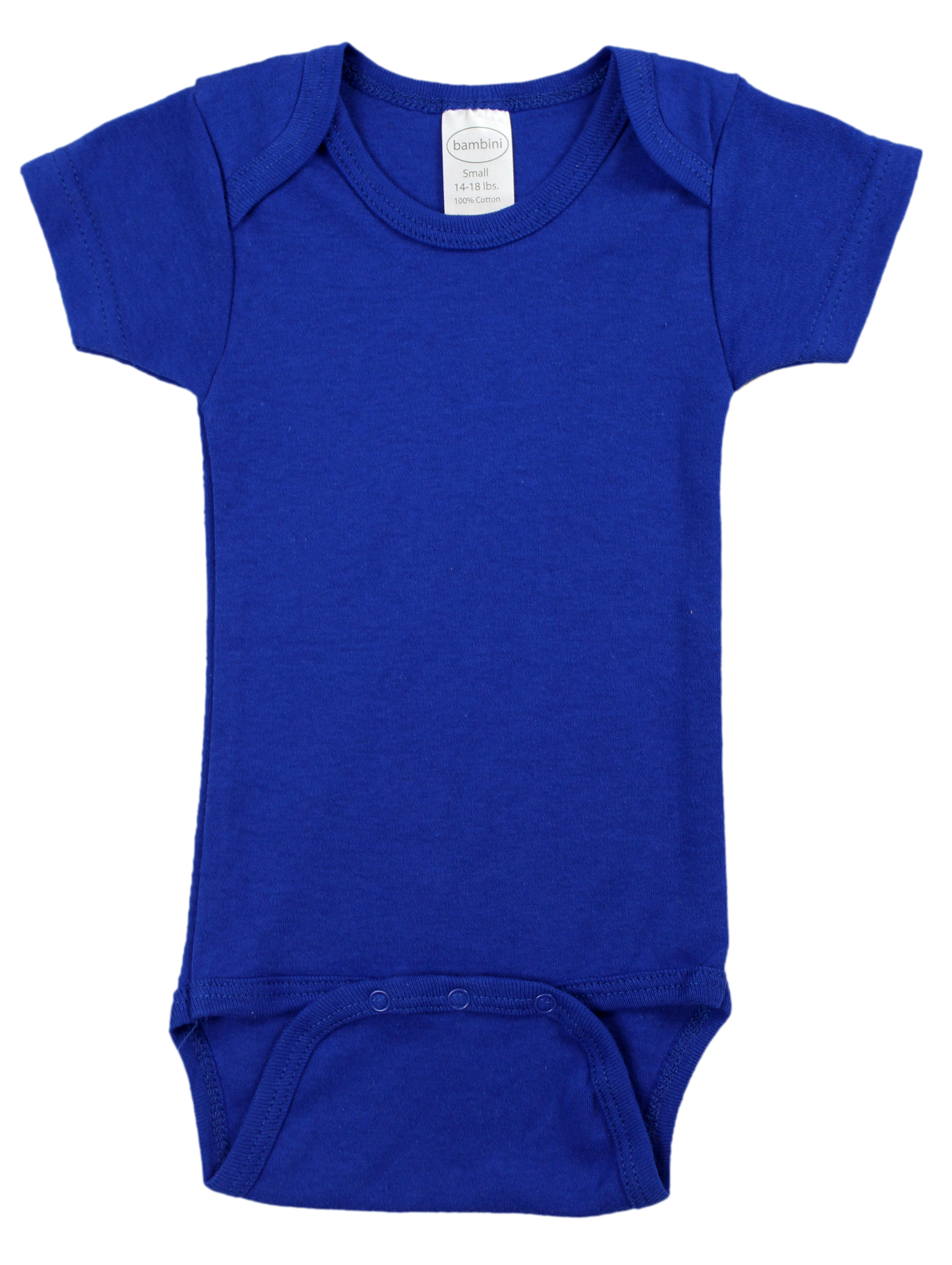 A blue interlock short sleeve bodysuit onezie made from 100% cotton, featuring an expandable neckline and front snap closure for easy dressing.