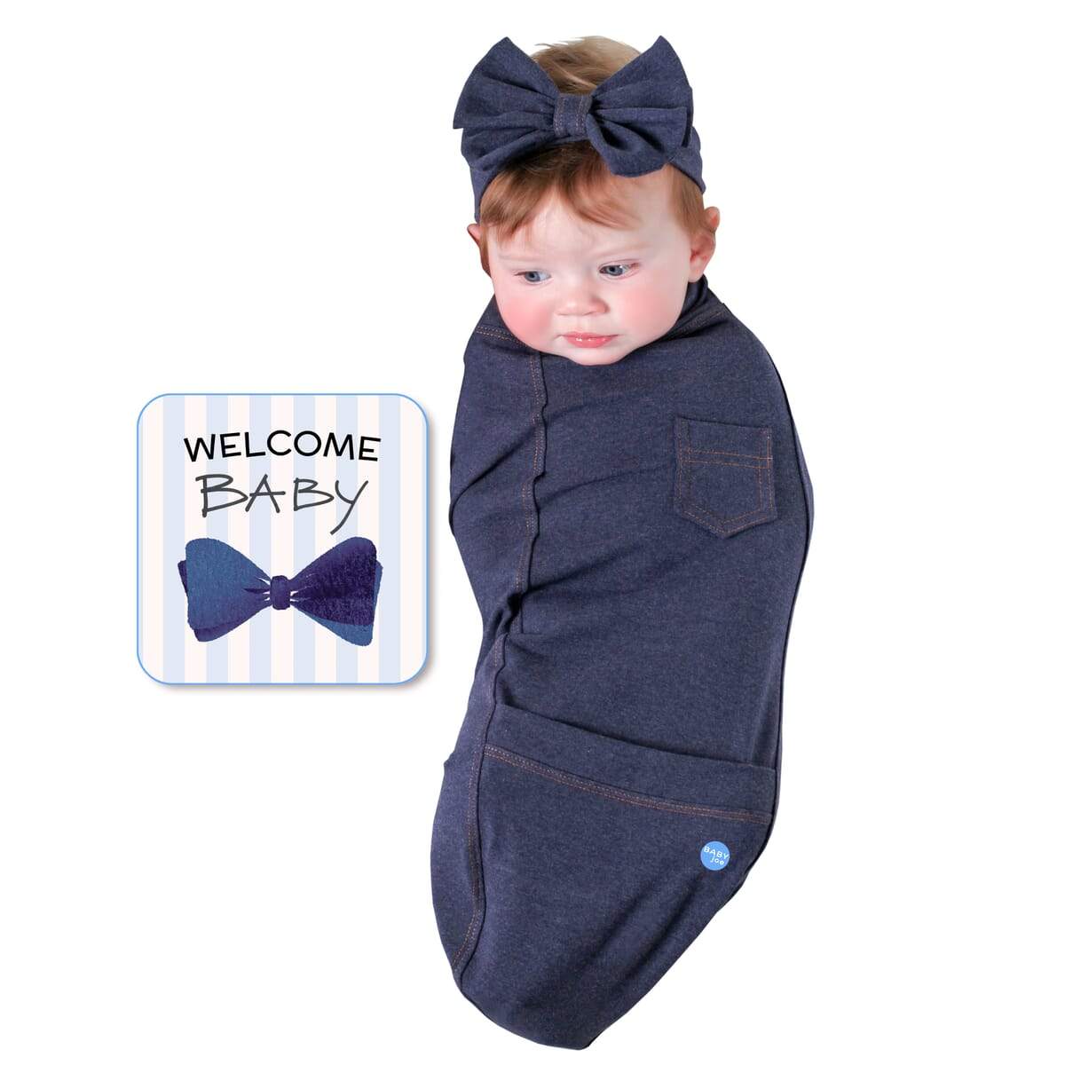 Blue Jean Baby cocoon swaddle set with matching headpiece and announcement card, made of soft cotton fabric.