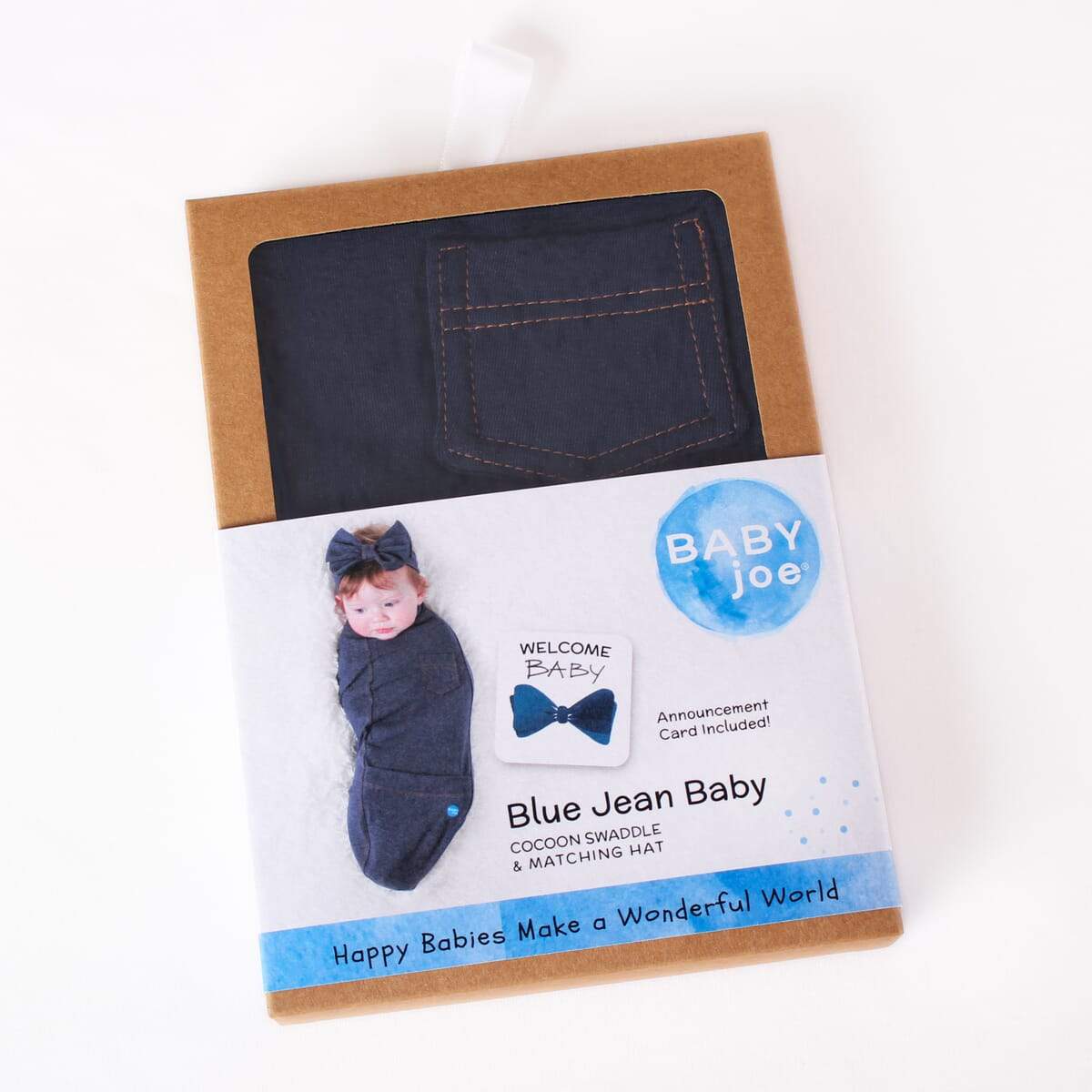 Blue Jean Baby cocoon swaddle set with matching headpiece and announcement card, made of soft cotton fabric.