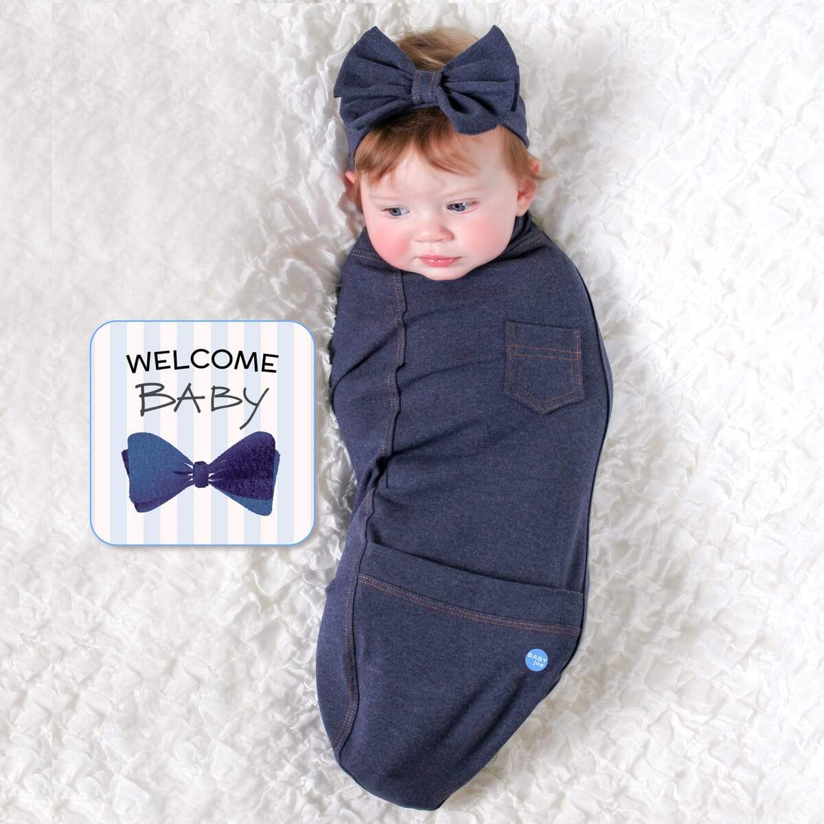 Blue Jean Baby cocoon swaddle set with matching headpiece and announcement card, made of soft cotton fabric.