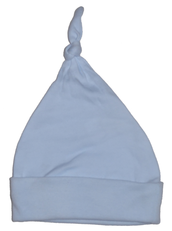 A soft blue knotted baby cap made of 100% cotton, designed for boys up to 18 months.