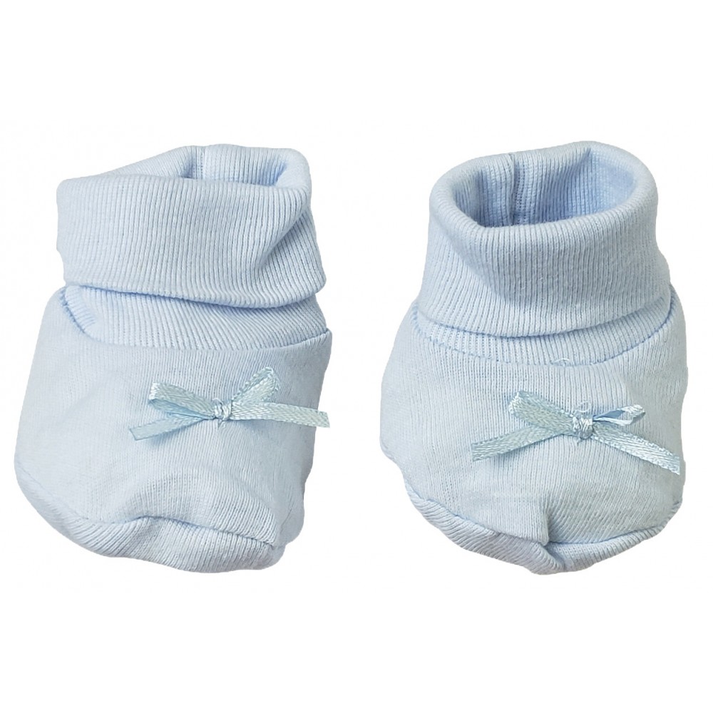 A pair of soft blue preemie booties made from 100% cotton, designed for newborns, featuring a rib knit texture.