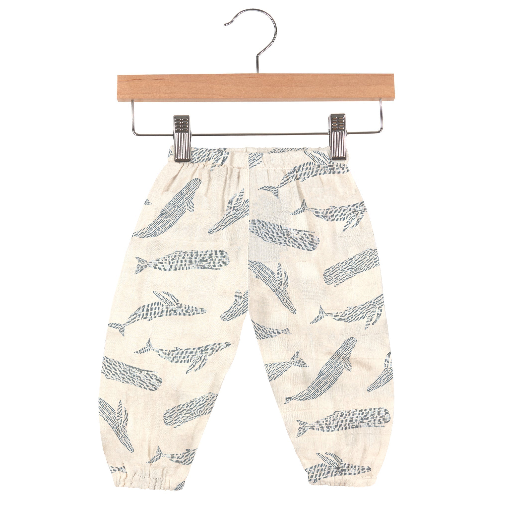 Blue Shadow Whales Bamboo Newcastle Mini Pants, soft and breathable baby pants made from natural bamboo muslin, featuring an elastic waist.