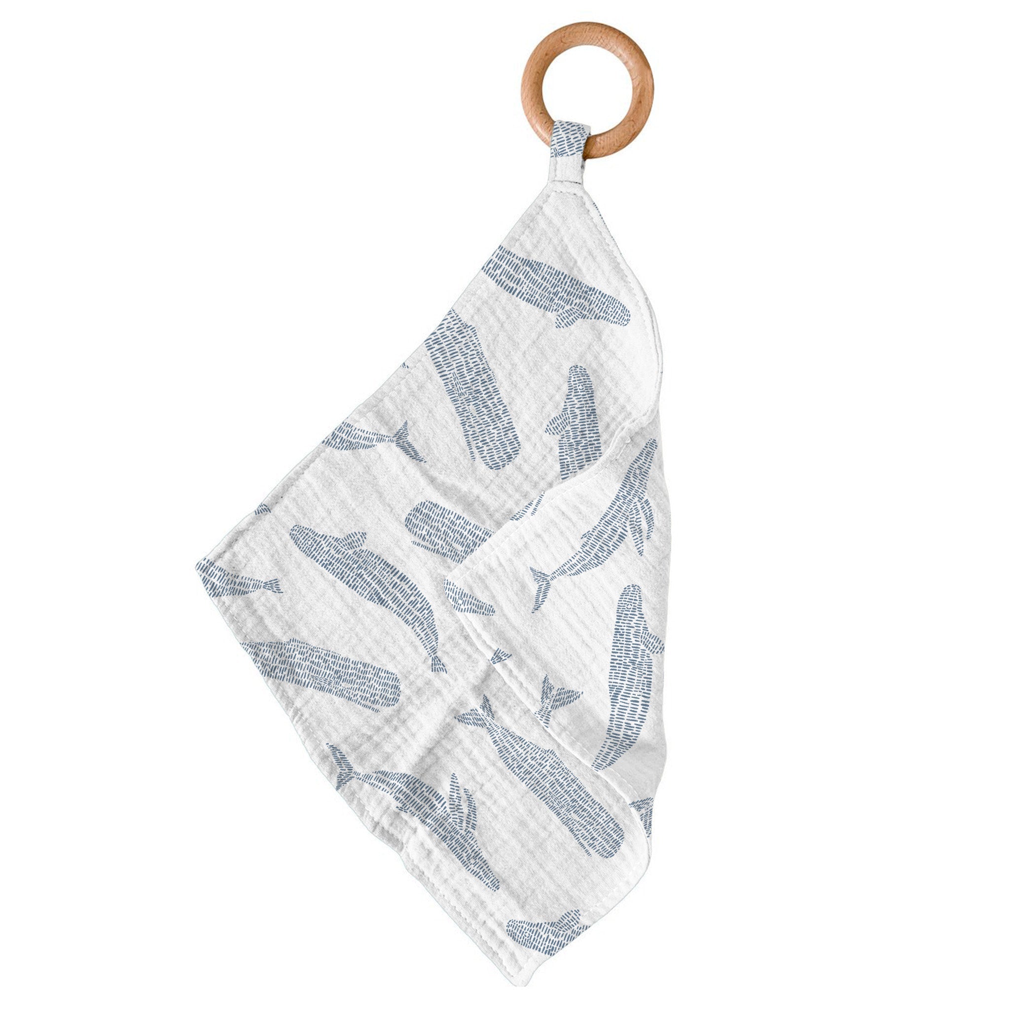 Blue Shadow Whales Bamboo Newcastle Teether featuring a soft bamboo blankie and a removable beach wood ring for teething relief.