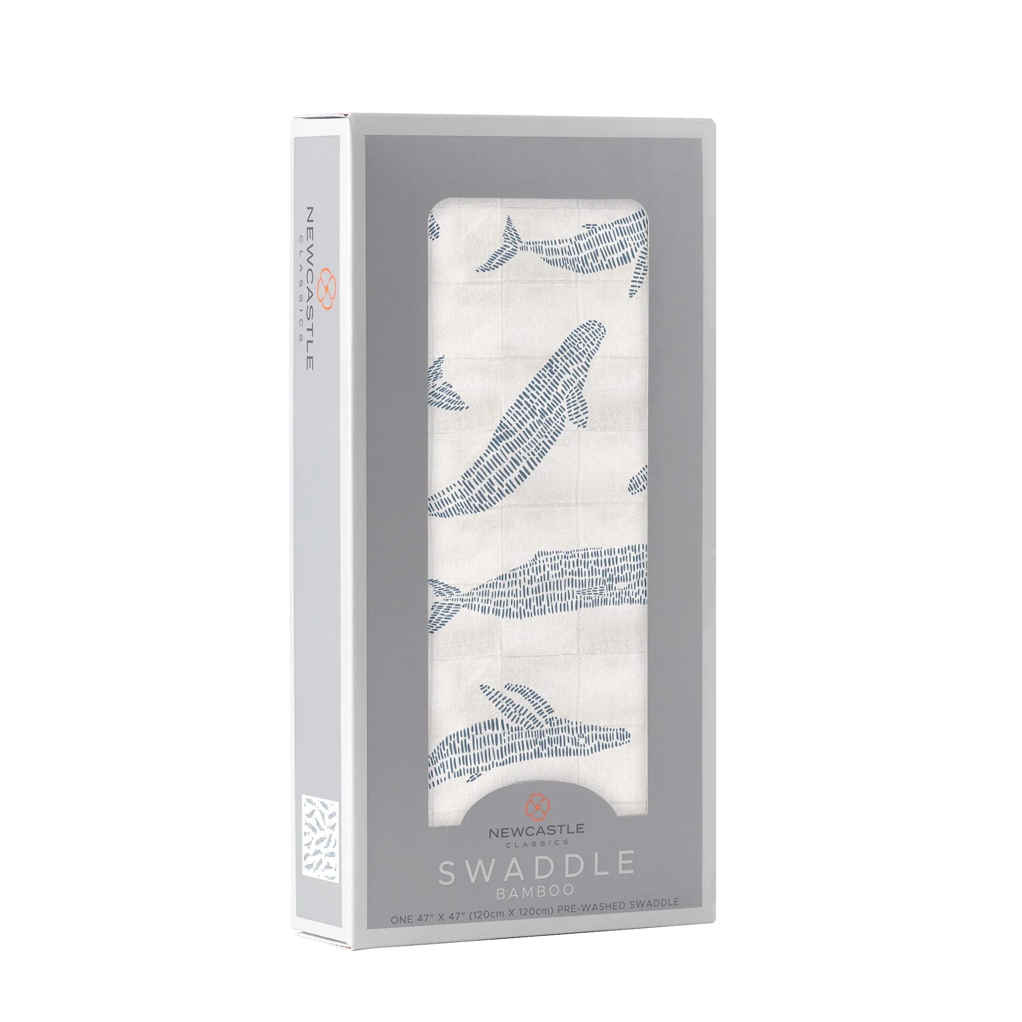 Blue Shadow Whales Bamboo Swaddle featuring a soft, breathable design with a whimsical whale pattern, perfect for swaddling and versatile use.