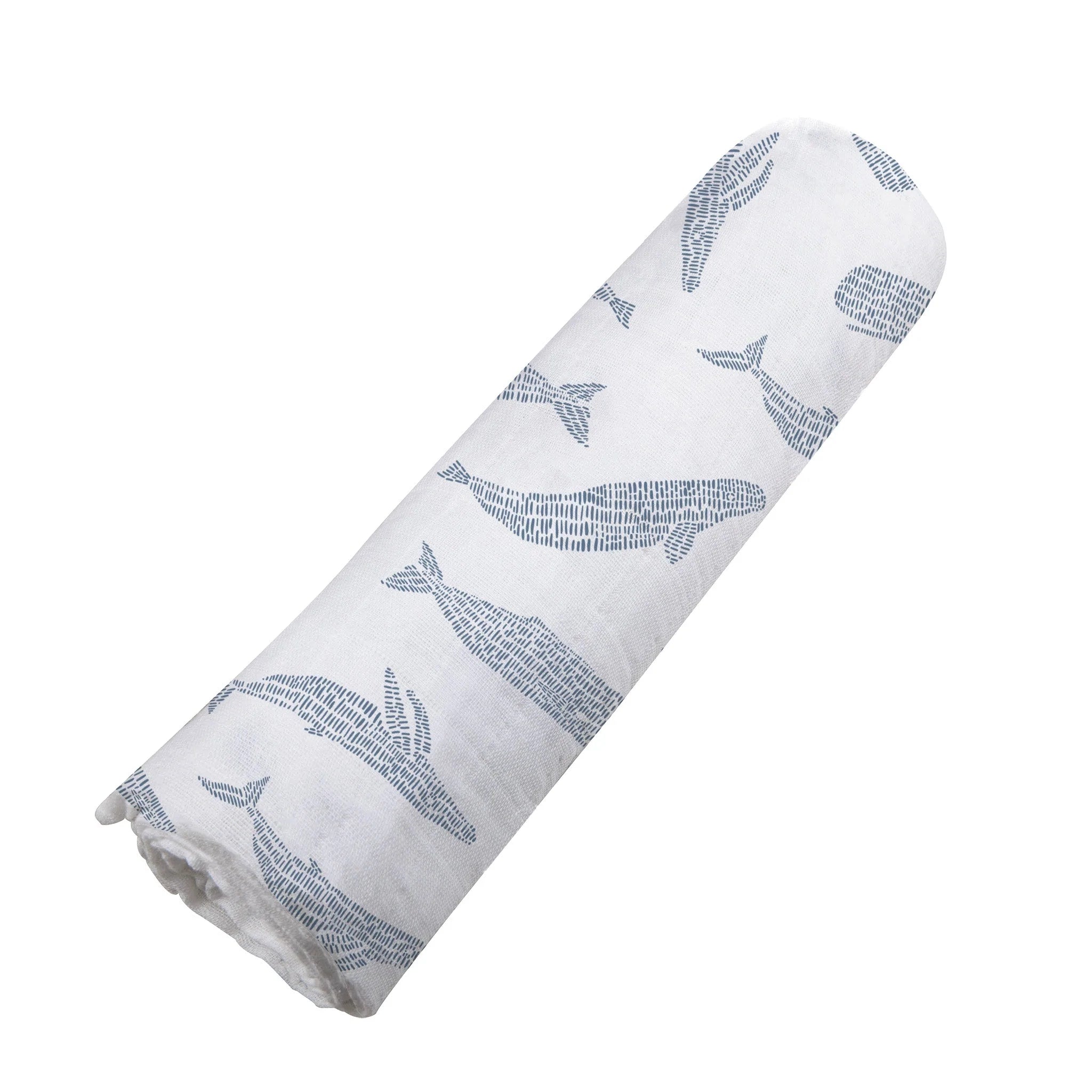 Blue Shadow Whales Bamboo Swaddle featuring a soft, breathable design with a whimsical whale pattern, perfect for swaddling and versatile use.