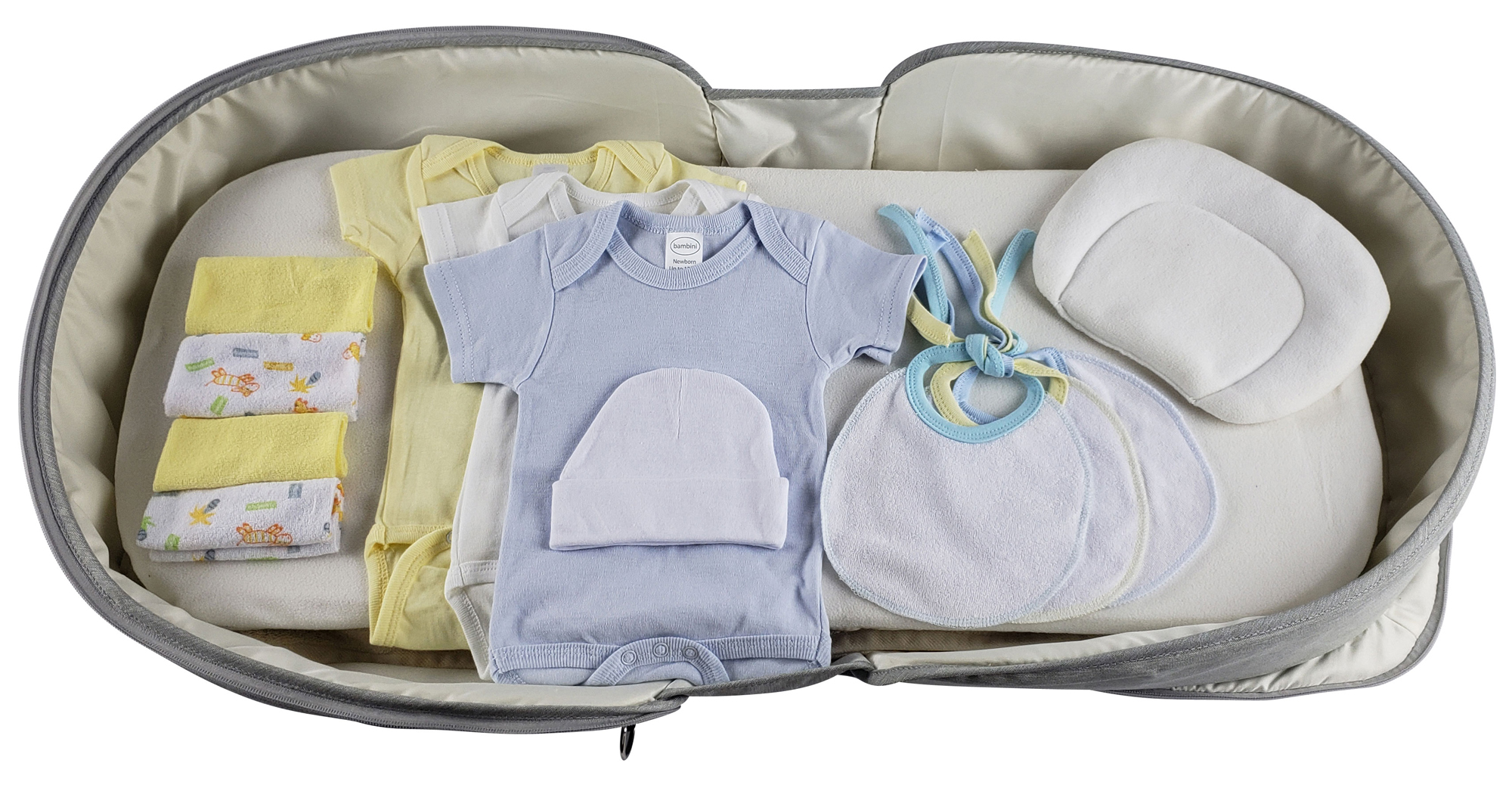 Boys 12 pc Baby Clothing Starter Set with Diaper Bag, featuring a portable changing table and essential baby clothing items.