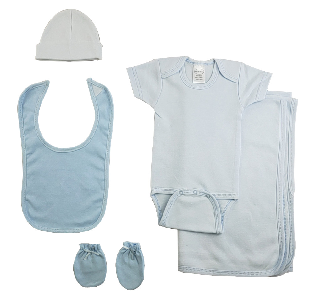 Boys 5 Piece Blue Layette Set including a receiving blanket, bib, onesie, cap, and mittens, all made from soft cotton.