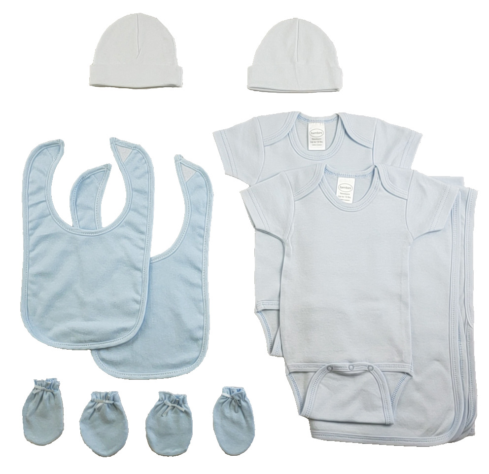 Boys 9 Piece Blue Layette Set featuring soft cotton onesies, caps, mittens, and a receiving blanket, perfect for newborns.