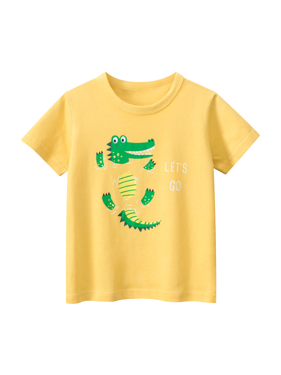 Boys’ yellow cartoon alligator print t-shirt, made of soft cotton, perfect for summer wear.