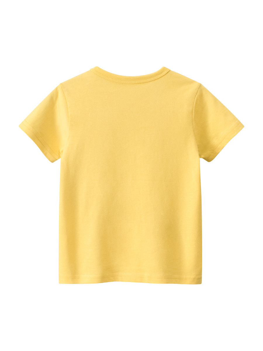 Boys’ yellow cartoon alligator print t-shirt, made of soft cotton, perfect for summer wear.