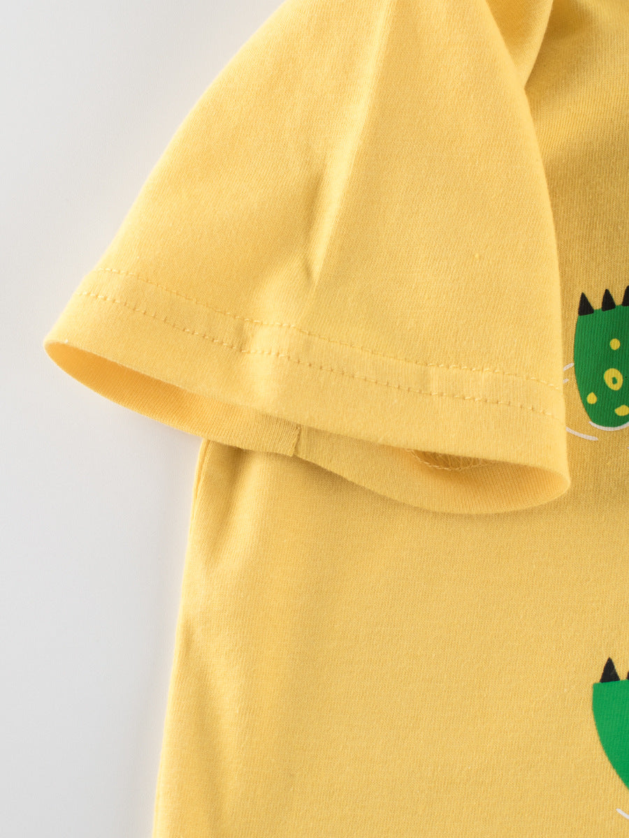 Boys’ yellow cartoon alligator print t-shirt, made of soft cotton, perfect for summer wear.