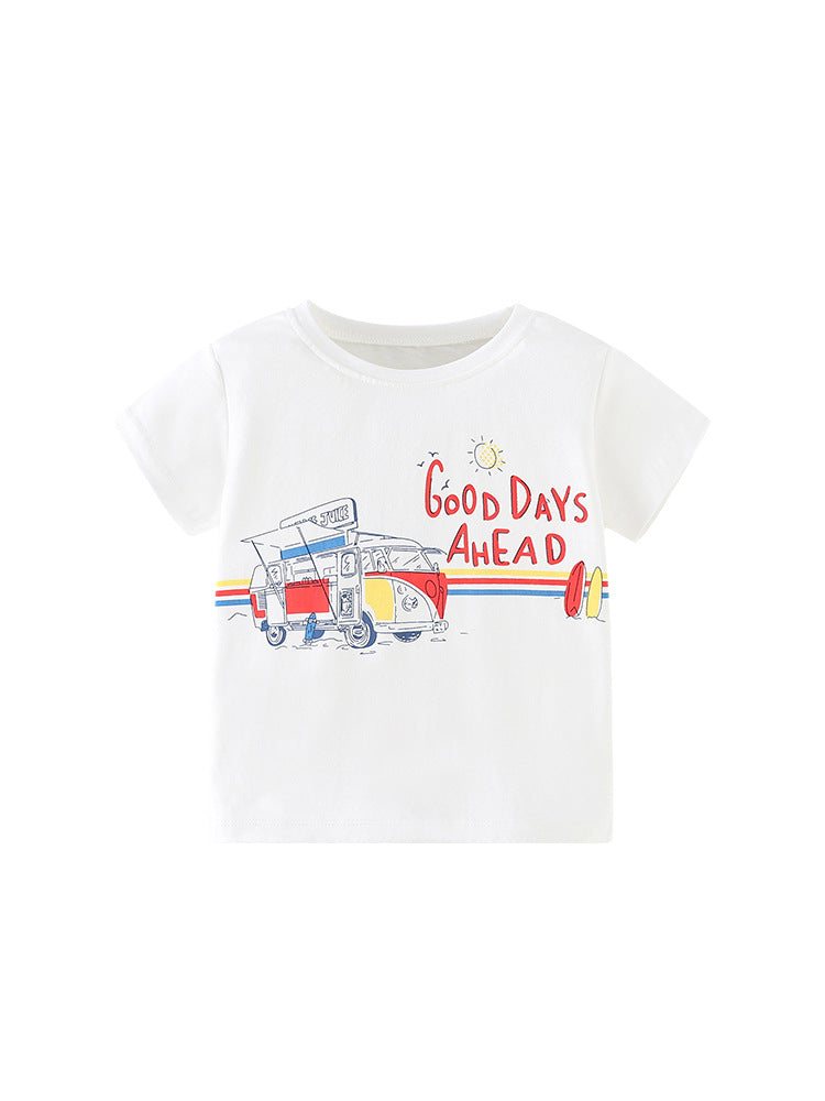 Boys' white t-shirt featuring cartoon and letters print, perfect for summer wear.