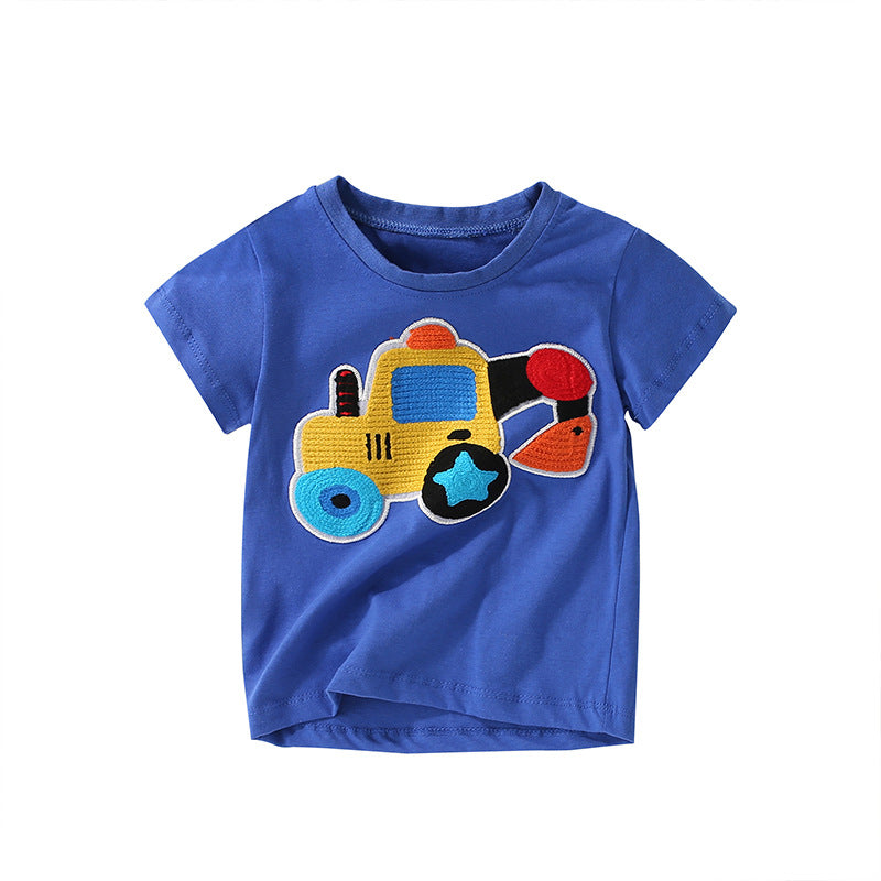 Boys’ Cartoon Digger Pattern Short Sleeves T-Shirt in blue, featuring a playful digger design, perfect for summer wear.