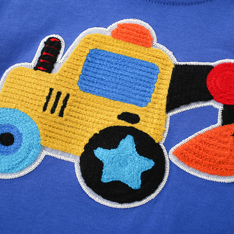 Boys’ Cartoon Digger Pattern Short Sleeves T-Shirt in blue, featuring a playful digger design, perfect for summer wear.