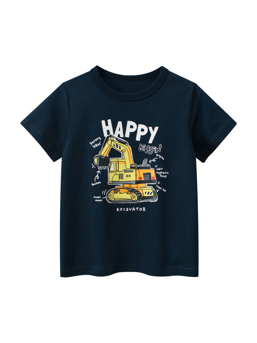 Boys’ Cartoon Digger Pattern T-Shirt in navy blue and grey, featuring a playful digger design, perfect for summer wear.