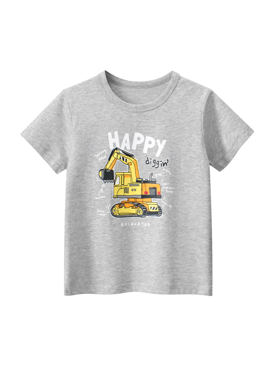 Boys’ Cartoon Digger Pattern T-Shirt in navy blue and grey, featuring a playful digger design, perfect for summer wear.