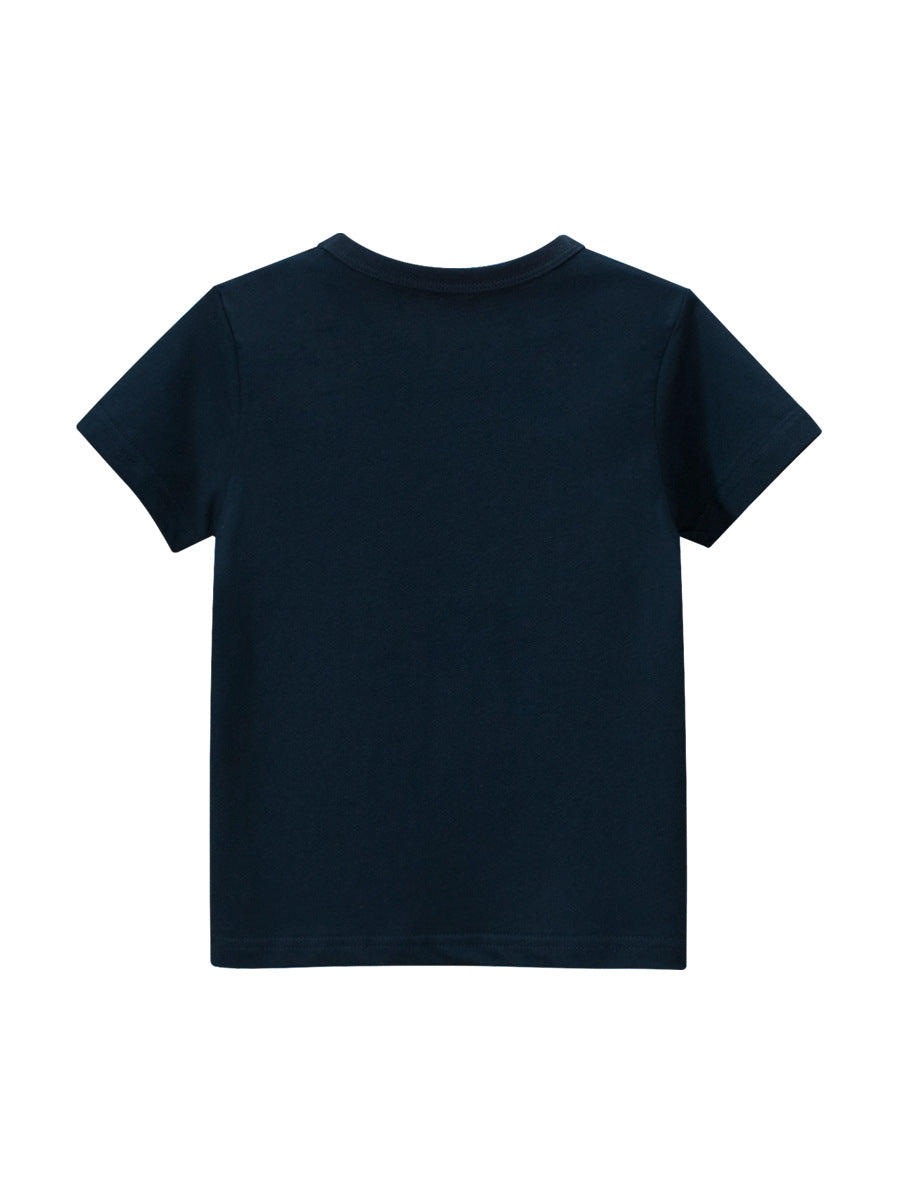 Boys’ Cartoon Digger Pattern T-Shirt in navy blue and grey, featuring a playful digger design, perfect for summer wear.