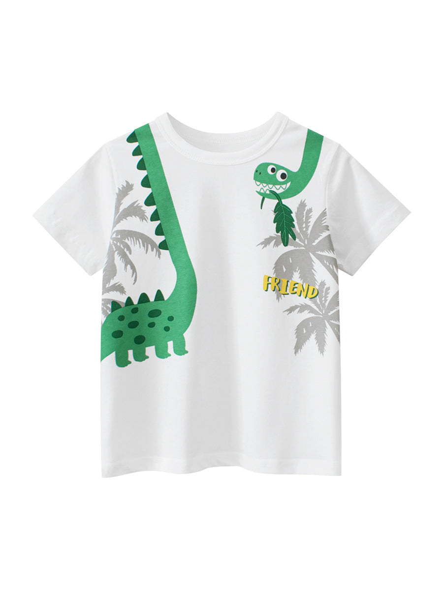 Boys' white t-shirt featuring a colorful cartoon dinosaur and letters pattern, perfect for summer wear.