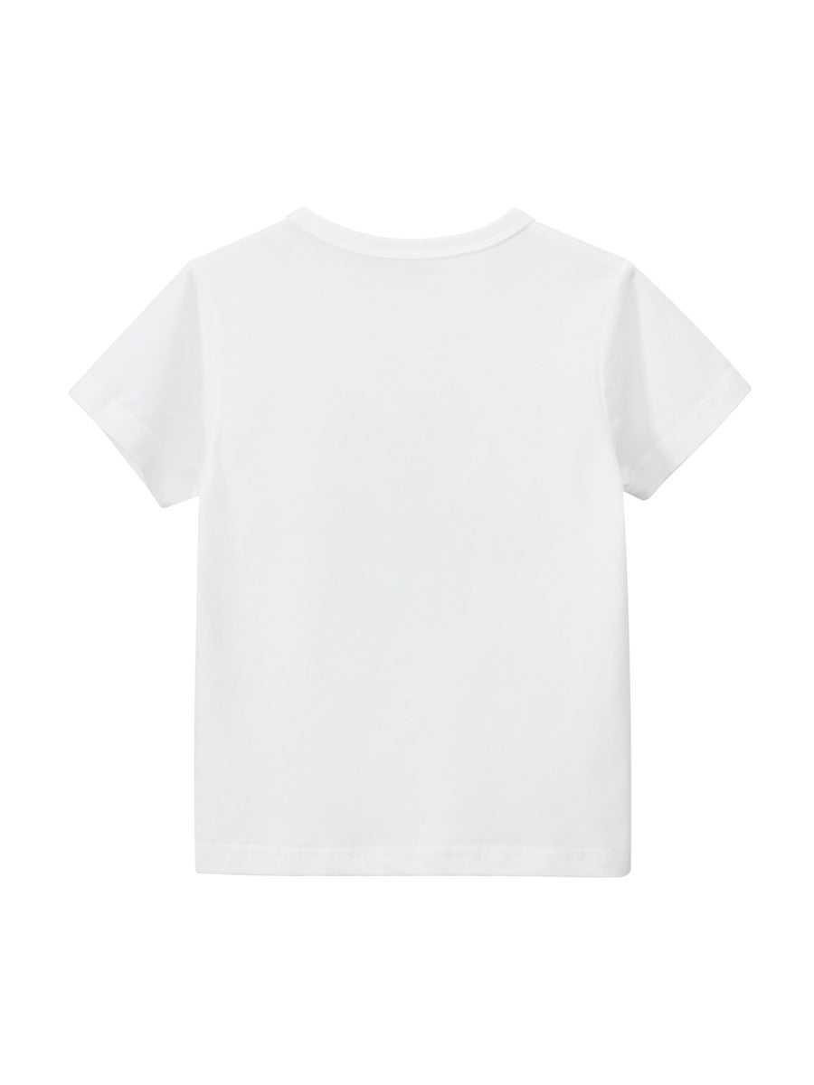 Boys' white t-shirt featuring a colorful cartoon dinosaur and letters pattern, perfect for summer wear.