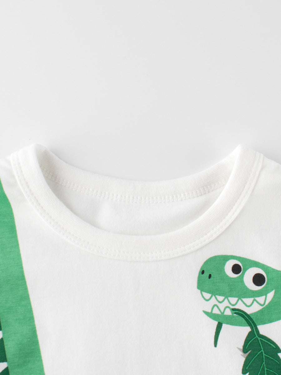 Boys' white t-shirt featuring a colorful cartoon dinosaur and letters pattern, perfect for summer wear.