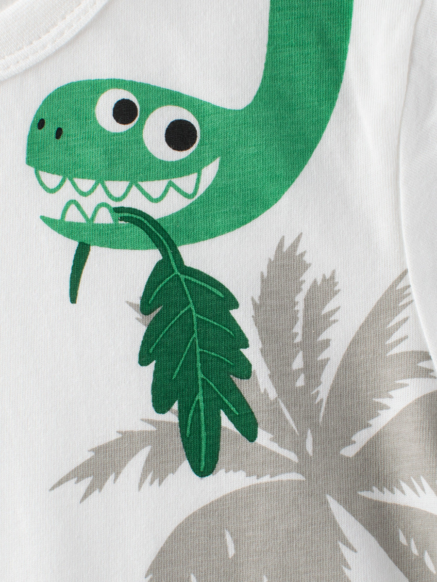 Boys' white t-shirt featuring a colorful cartoon dinosaur and letters pattern, perfect for summer wear.