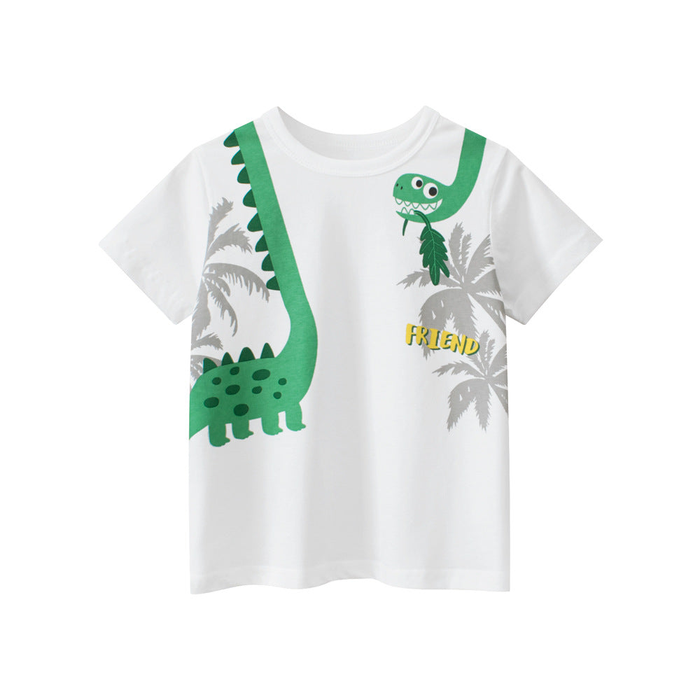 Boys' white t-shirt featuring a colorful cartoon dinosaur and letters pattern, perfect for summer wear.