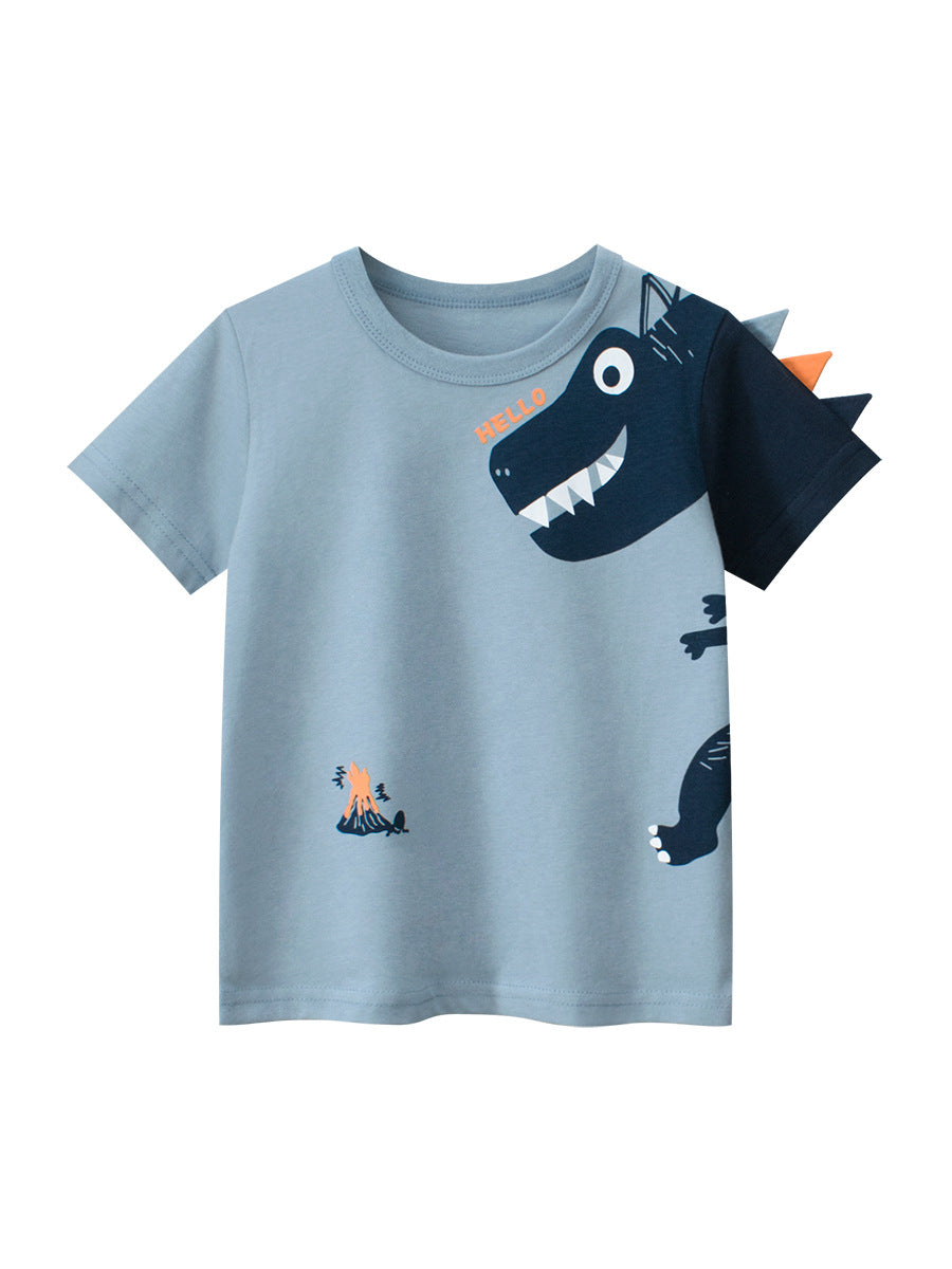 Boys’ Cartoon Dinosaur and Letters Print T-Shirt in vibrant blue color, made from soft cotton, perfect for summer wear.