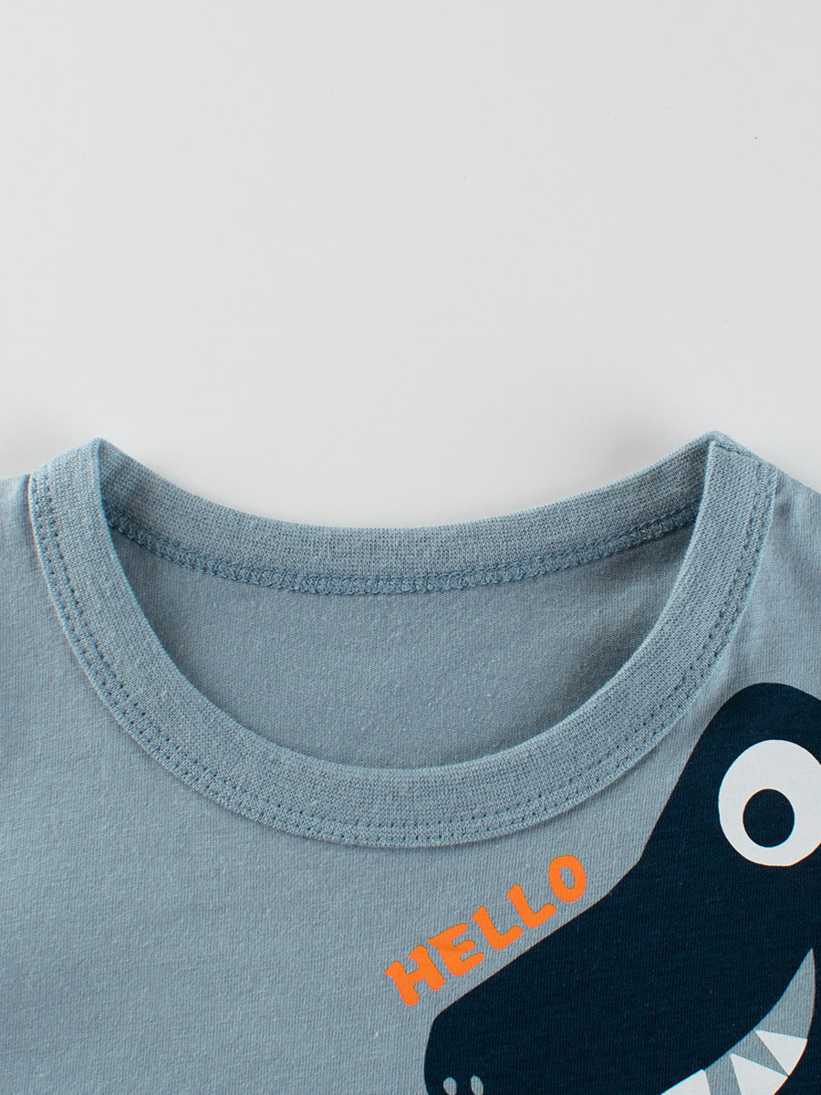 Boys’ Cartoon Dinosaur and Letters Print T-Shirt in vibrant blue color, made from soft cotton, perfect for summer wear.