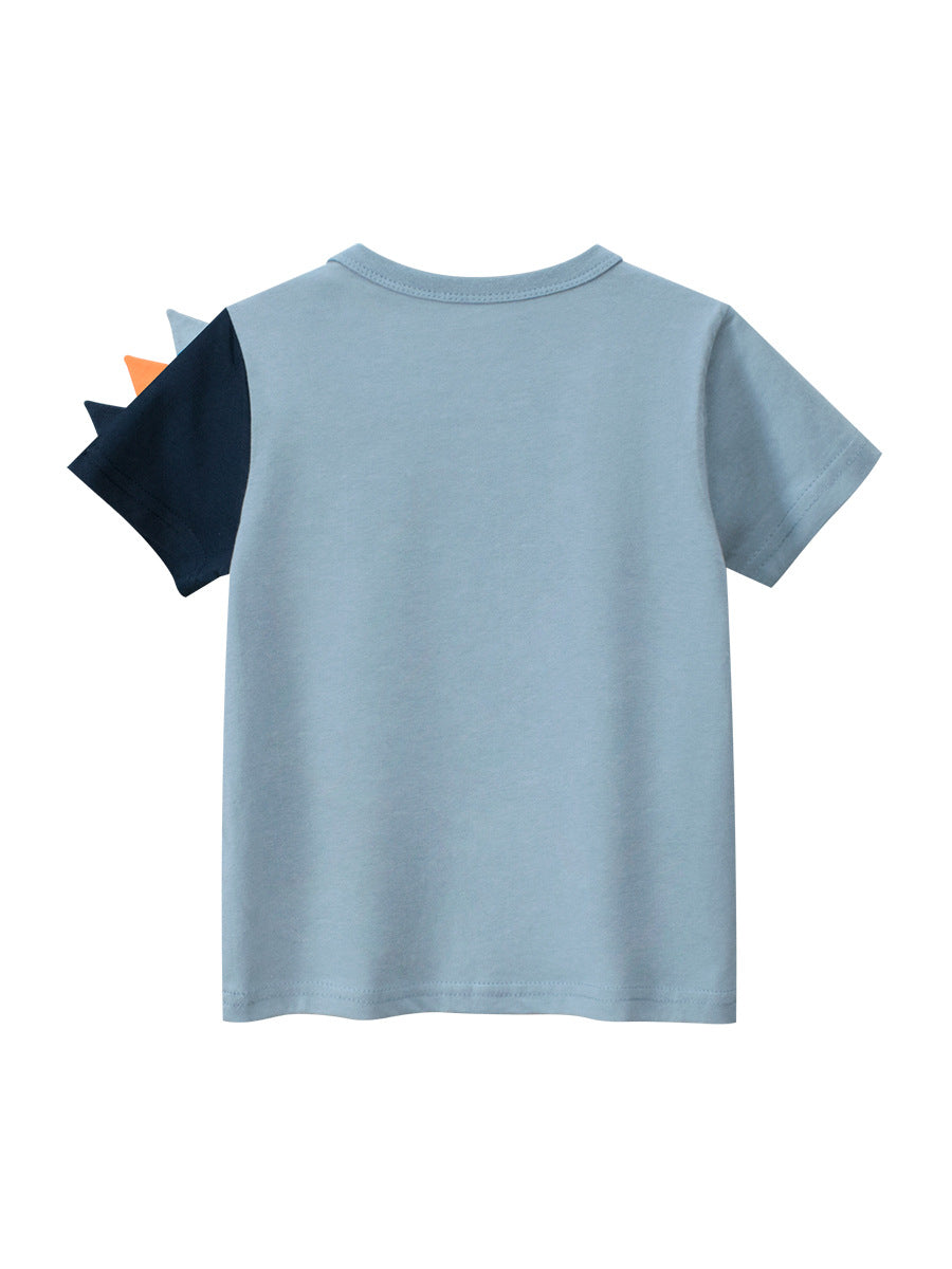 Boys’ Cartoon Dinosaur and Letters Print T-Shirt in vibrant blue color, made from soft cotton, perfect for summer wear.