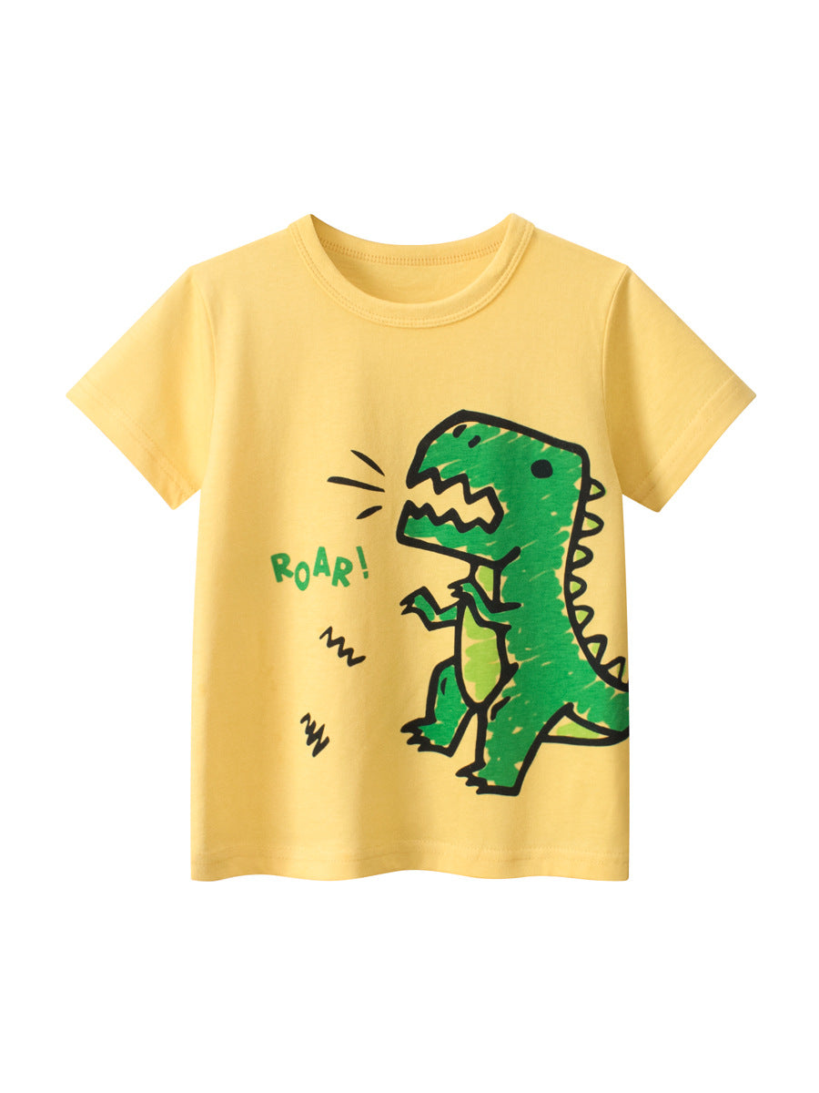 Boys’ Cartoon Dinosaur Pattern T-Shirt in white and yellow colors, featuring a playful dinosaur design, perfect for summer wear.