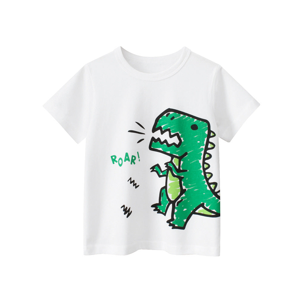 Boys’ Cartoon Dinosaur Pattern T-Shirt in white and yellow colors, featuring a playful dinosaur design, perfect for summer wear.