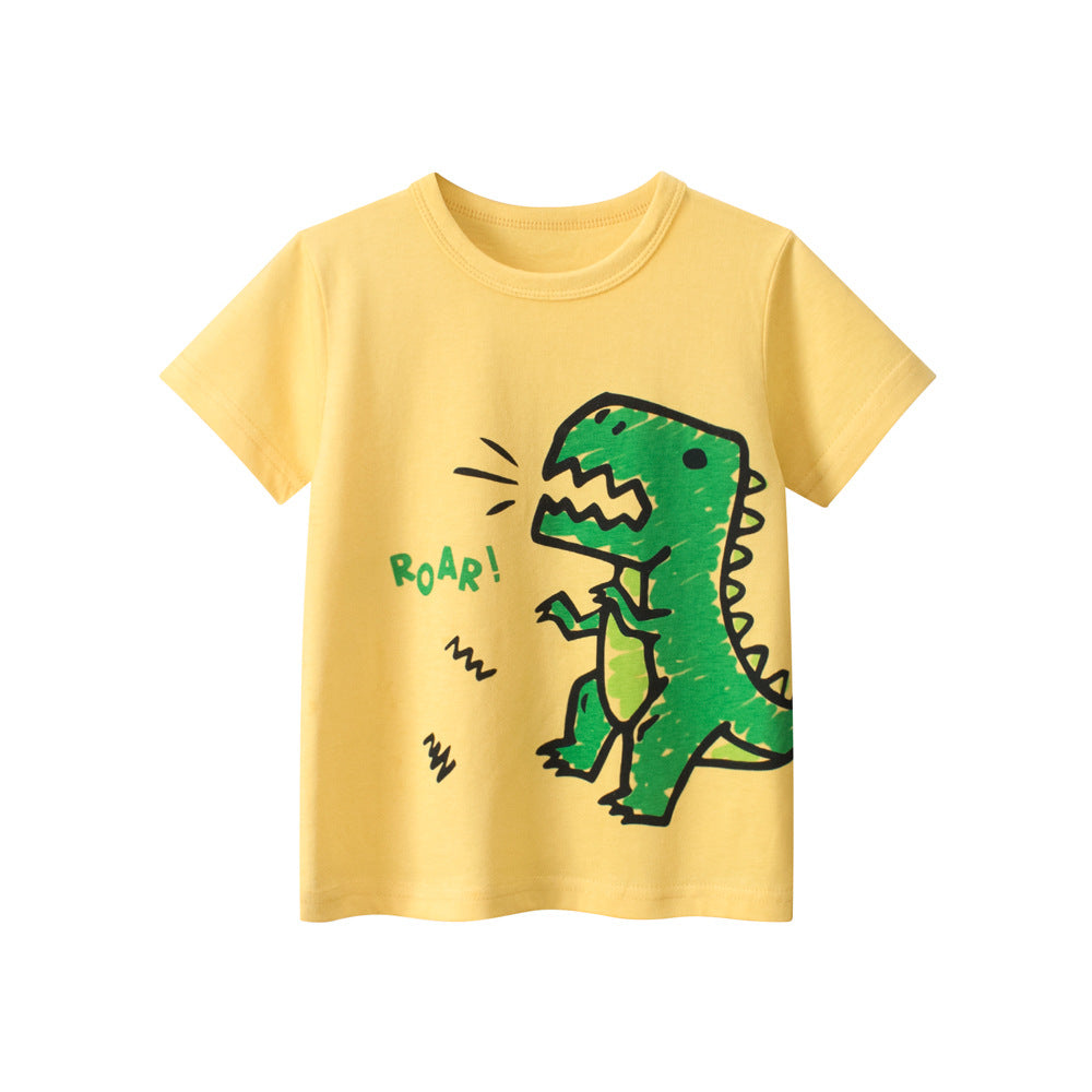 Boys’ Cartoon Dinosaur Pattern T-Shirt in white and yellow colors, featuring a playful dinosaur design, perfect for summer wear.