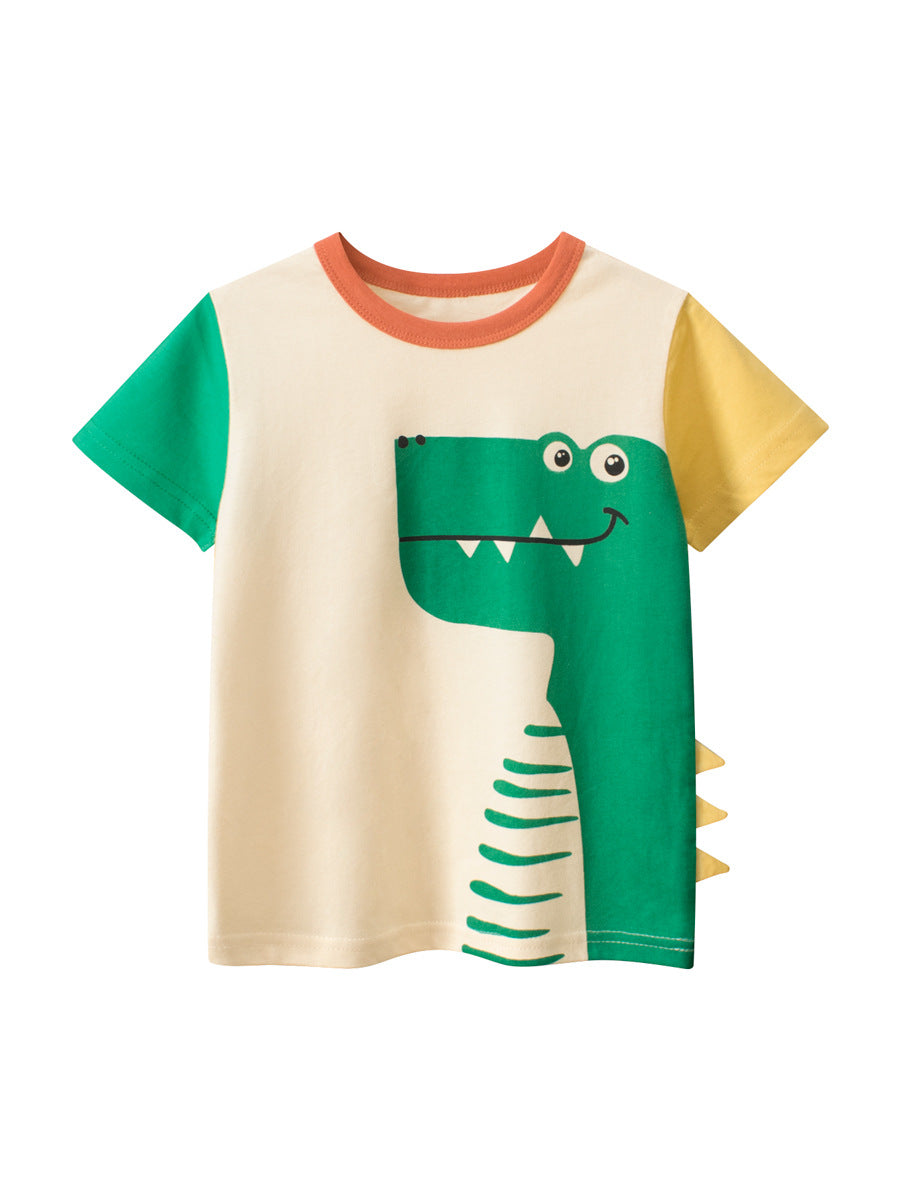 Boys’ Cartoon Dinosaur Print Color Patchwork Short Sleeves T-Shirt in apricot color, featuring a playful dinosaur design.