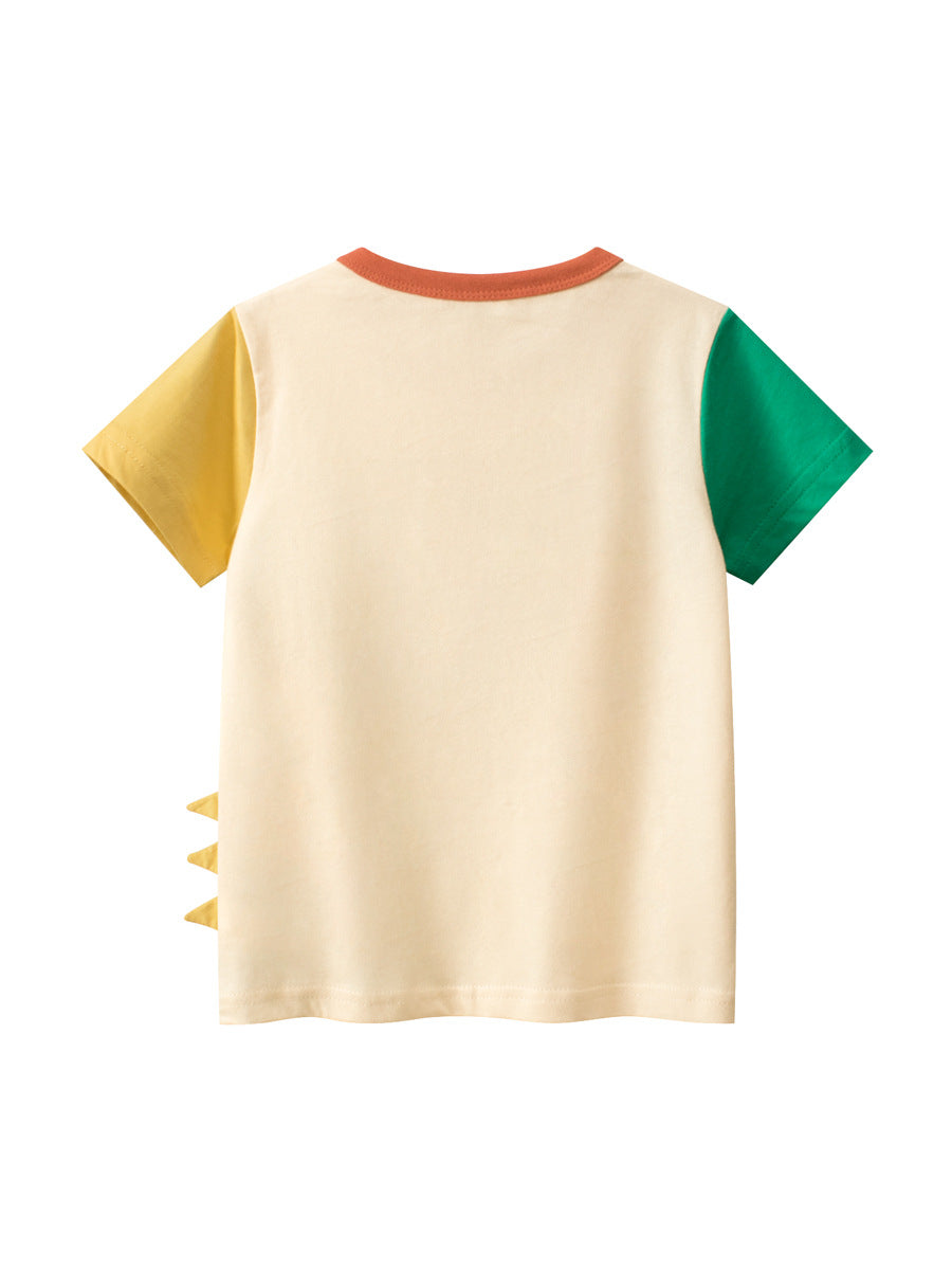 Boys’ Cartoon Dinosaur Print Color Patchwork Short Sleeves T-Shirt in apricot color, featuring a playful dinosaur design.