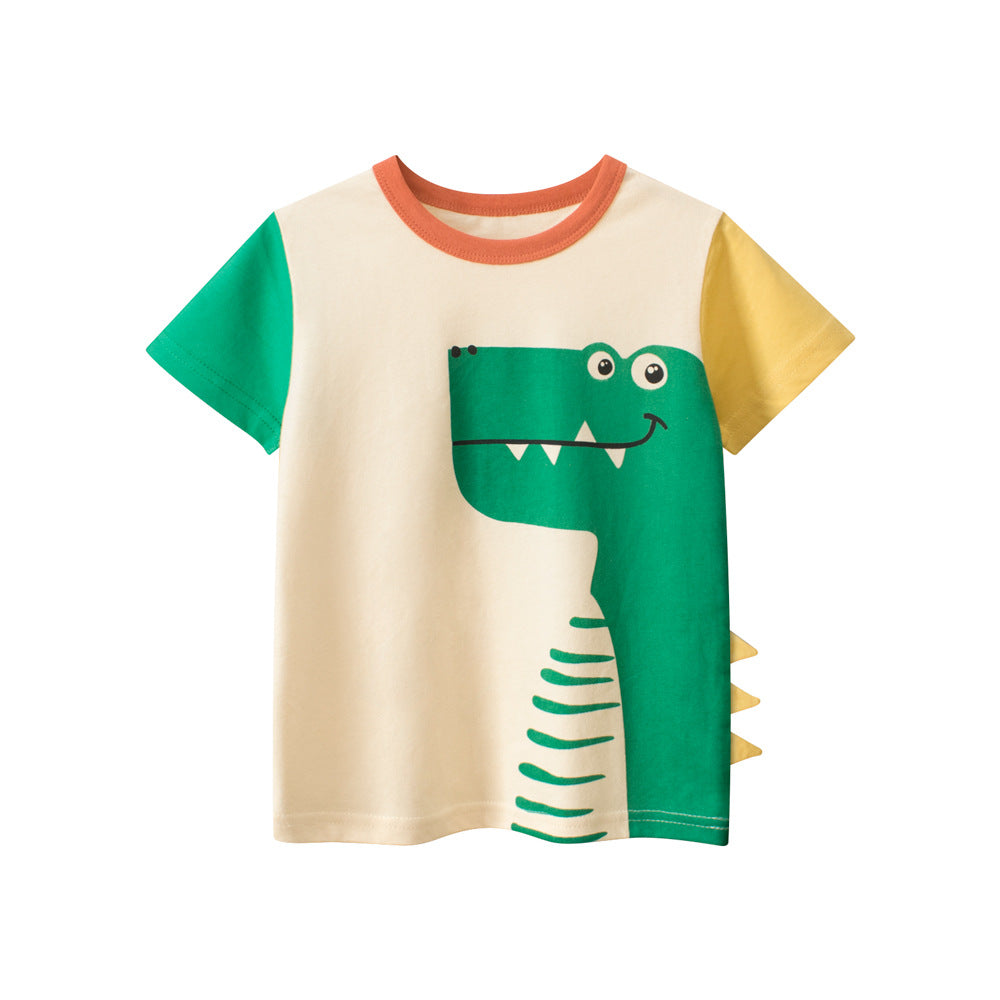 Boys’ Cartoon Dinosaur Print Color Patchwork Short Sleeves T-Shirt in apricot color, featuring a playful dinosaur design.