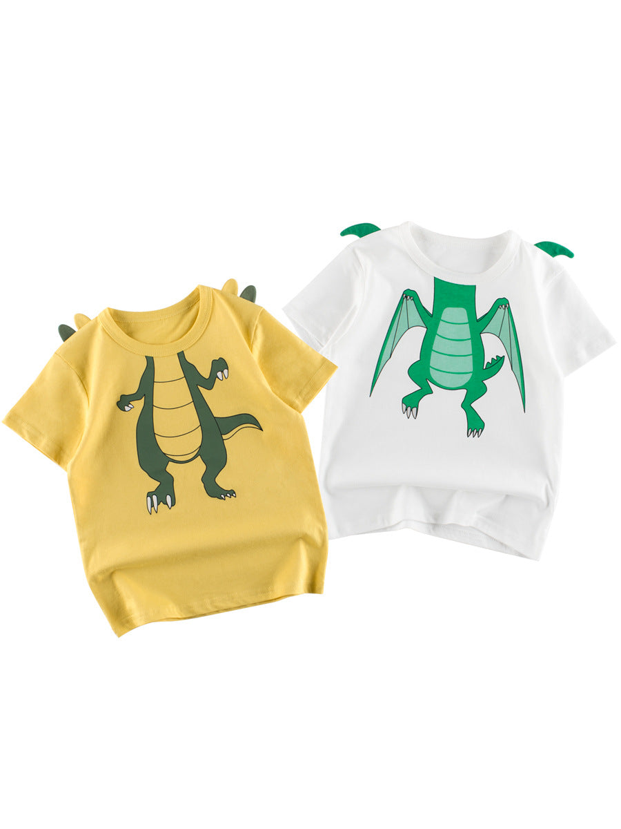 Boys’ Cartoon Dragon Pattern T-Shirt in white and yellow, featuring a playful dragon design, perfect for summer wear.