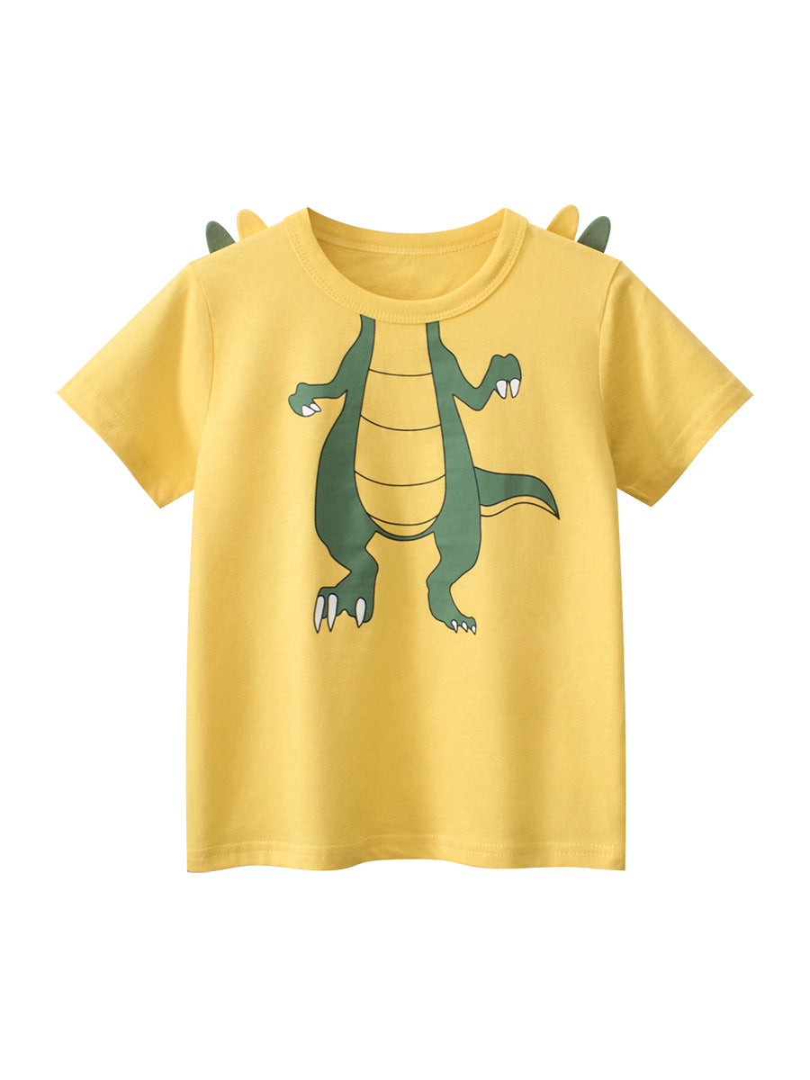 Boys’ Cartoon Dragon Pattern T-Shirt in white and yellow, featuring a playful dragon design, perfect for summer wear.