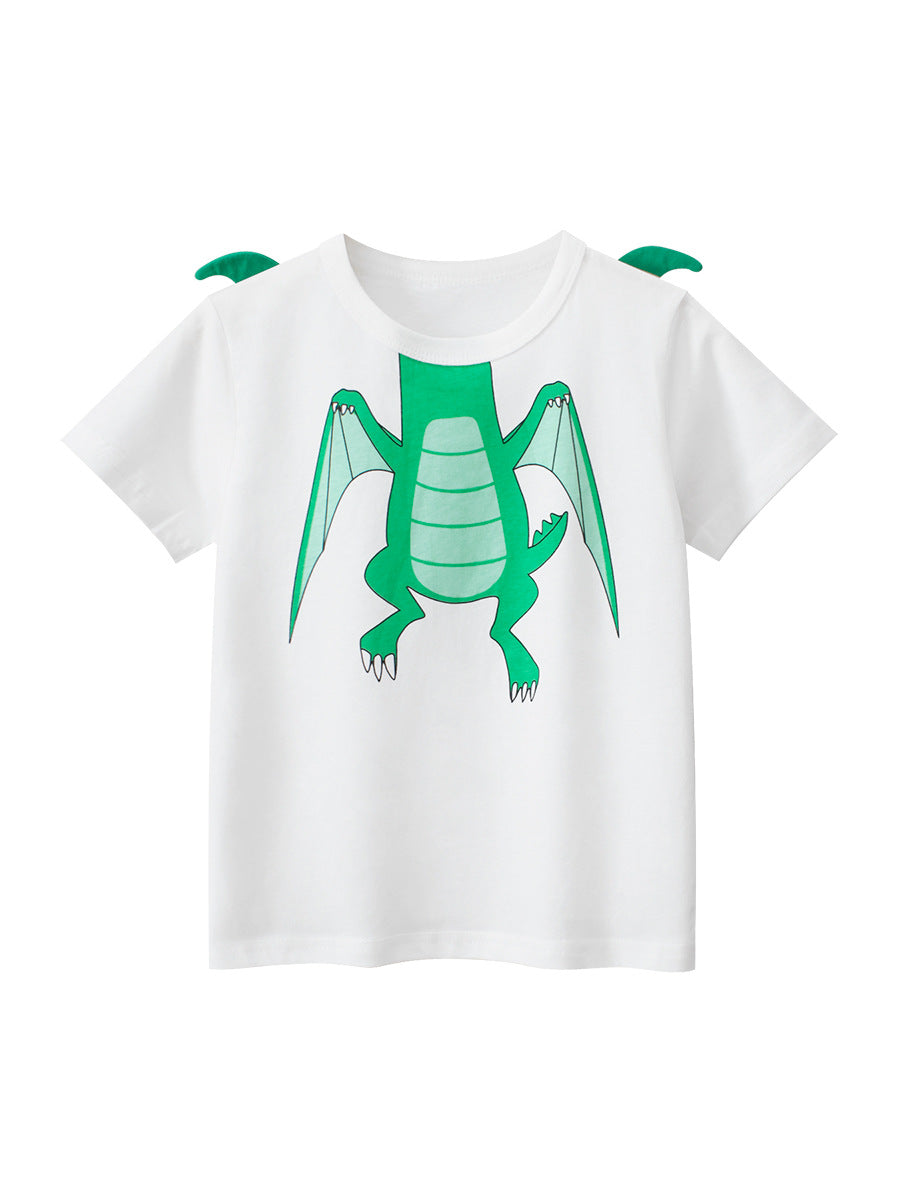 Boys’ Cartoon Dragon Pattern T-Shirt in white and yellow, featuring a playful dragon design, perfect for summer wear.