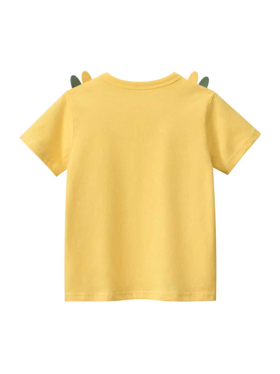 Boys’ Cartoon Dragon Pattern T-Shirt in white and yellow, featuring a playful dragon design, perfect for summer wear.