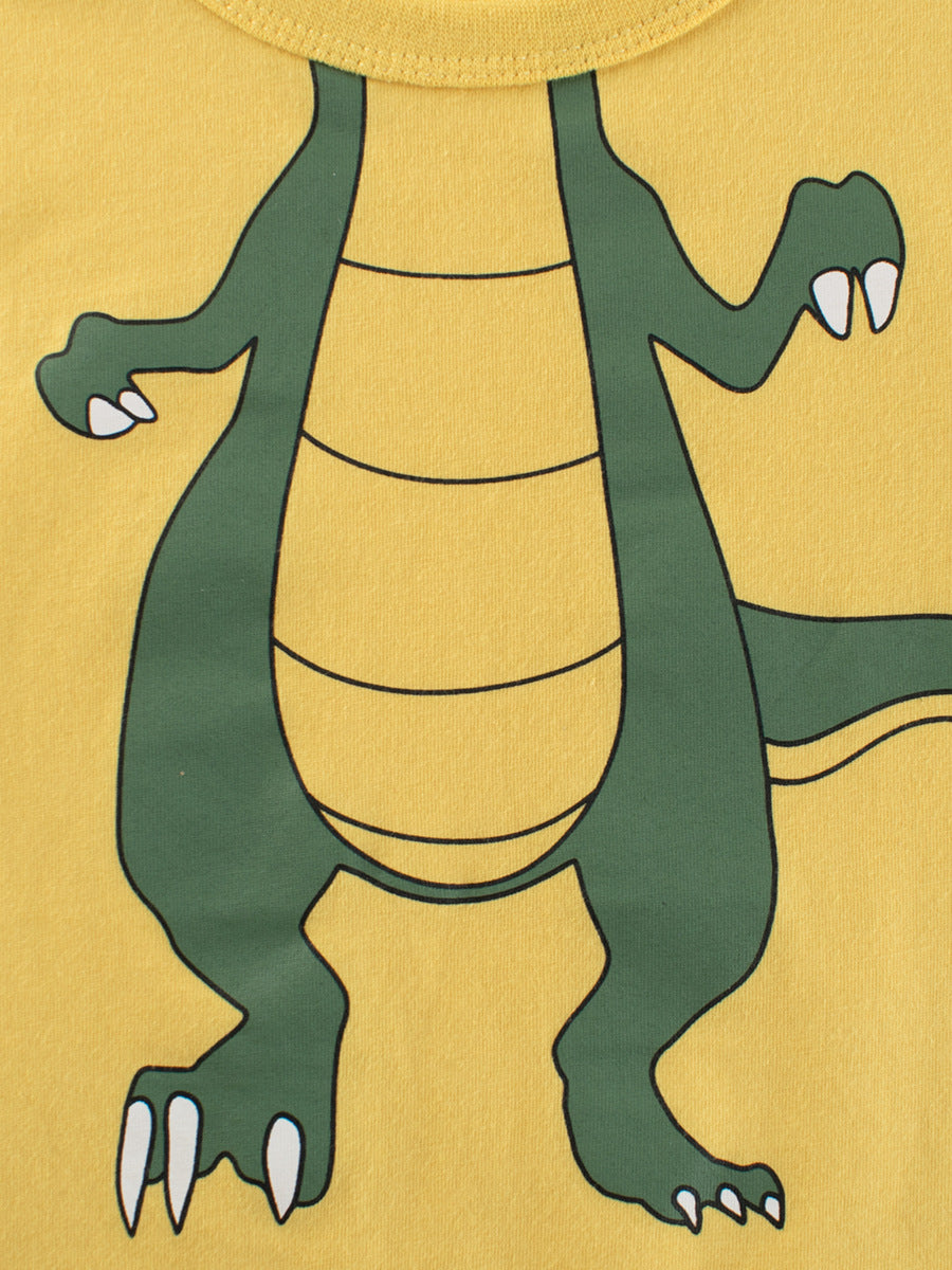 Boys’ Cartoon Dragon Pattern T-Shirt in white and yellow, featuring a playful dragon design, perfect for summer wear.