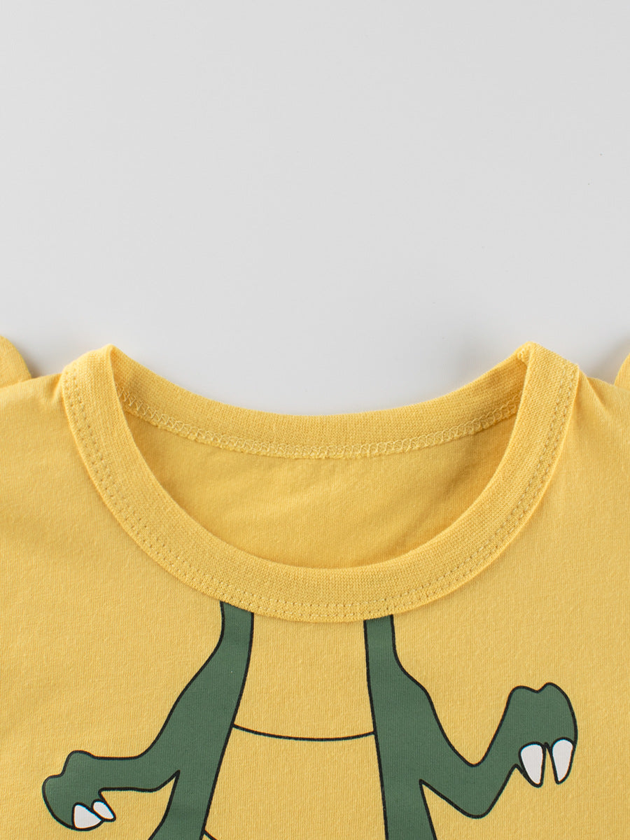 Boys’ Cartoon Dragon Pattern T-Shirt in white and yellow, featuring a playful dragon design, perfect for summer wear.