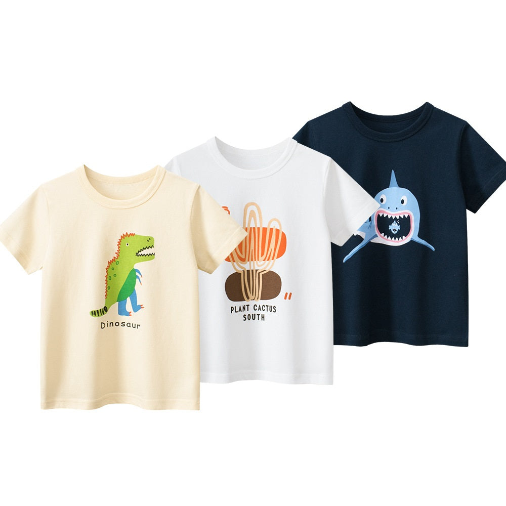 Boys’ Cartoon Pattern T-Shirts Set in white, blue, and beige colors, showcasing playful designs suitable for summer wear.