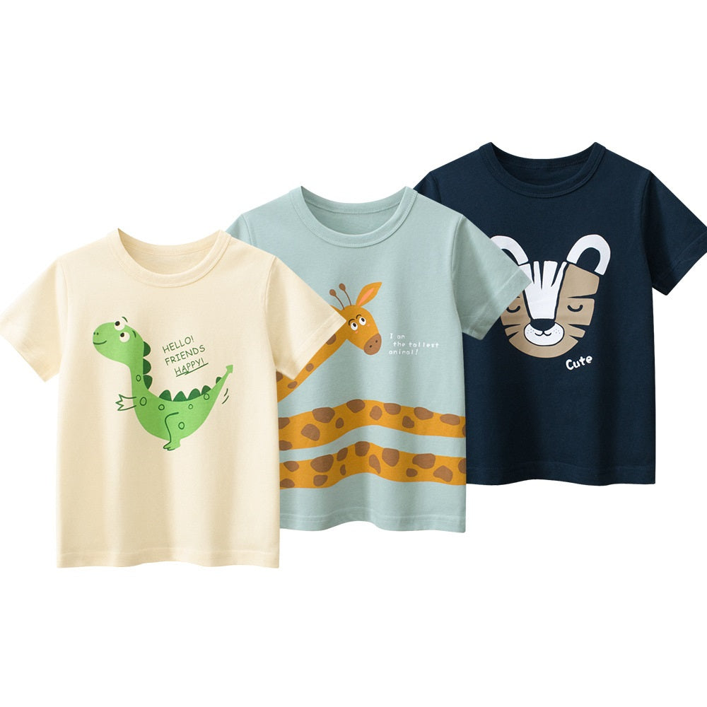 Boys’ Cartoon Pattern T-Shirts Set in white, blue, and beige colors, showcasing playful designs suitable for summer wear.