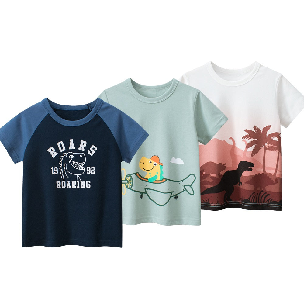 Boys’ Cartoon Pattern T-Shirts Set in white, blue, and beige colors, showcasing playful designs suitable for summer wear.