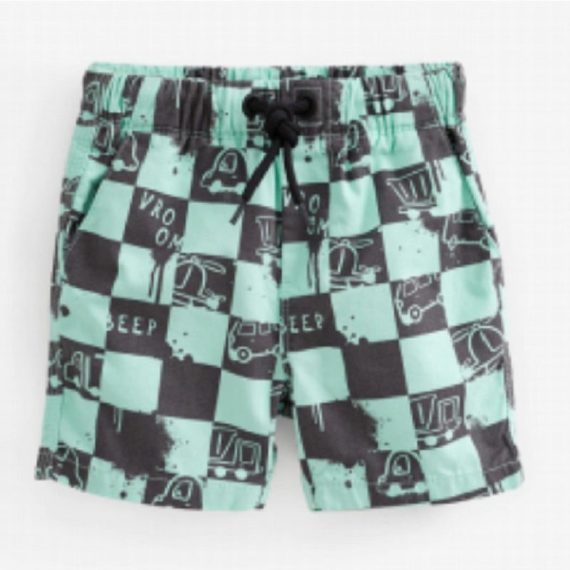 Boys Cotton Casual Style Shorts featuring a plaid cars pattern in vibrant green, perfect for summer wear.