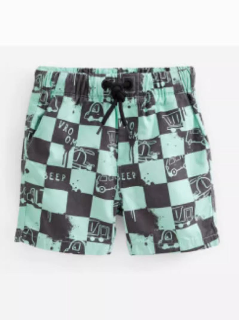 Boys Cotton Casual Style Shorts featuring a plaid cars pattern in vibrant green, perfect for summer wear.