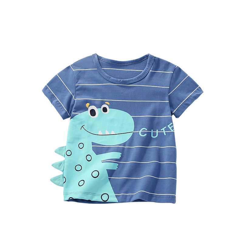 Boys' blue short sleeves T-shirt featuring a cute dinosaur cartoon pattern and striped design, perfect for summer wear.